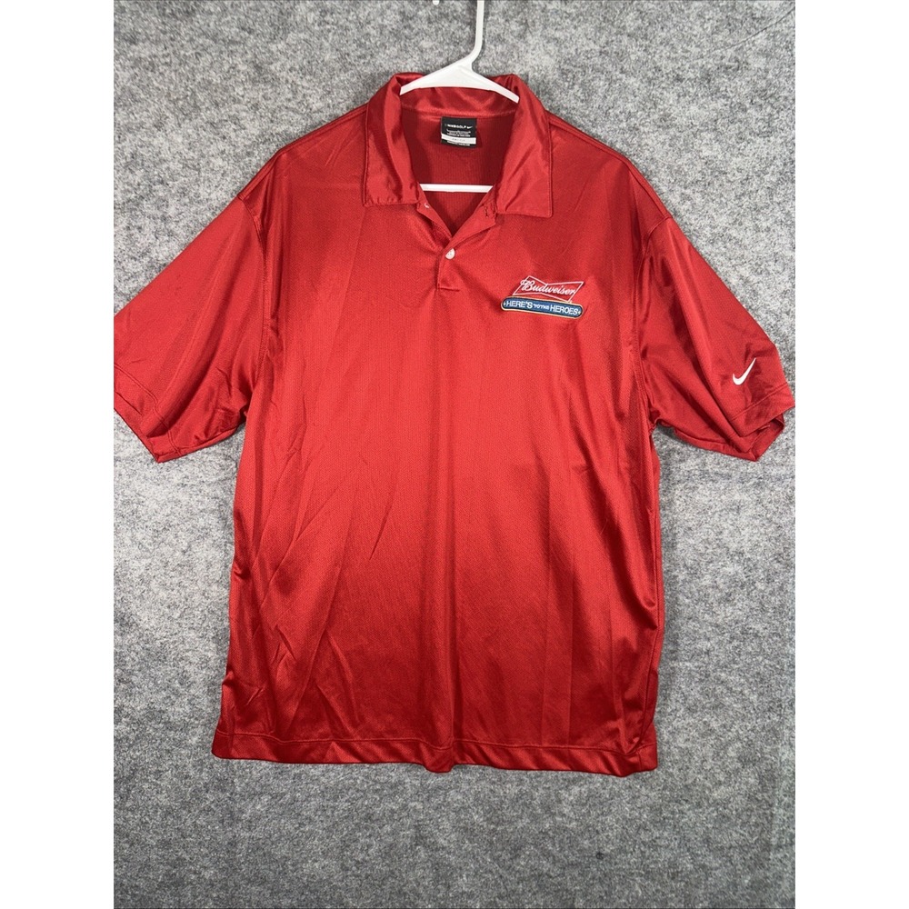 Nike Golf Budweiser Polo Mens Size Large Red Dri‎ Fit Here's To The Hero's